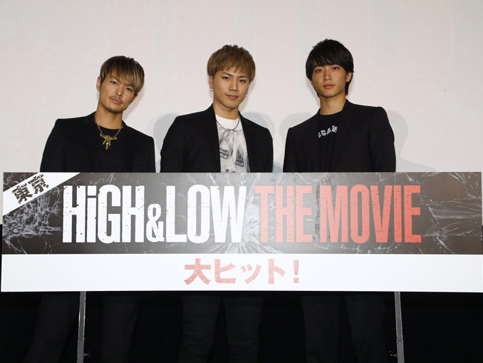 登坂広臣（中央）、佐藤寛太、今市隆二、映画『HiGH&LOW THE MOVIE』初日舞台あいさつ＠東京・丸の内ピカデリーにて