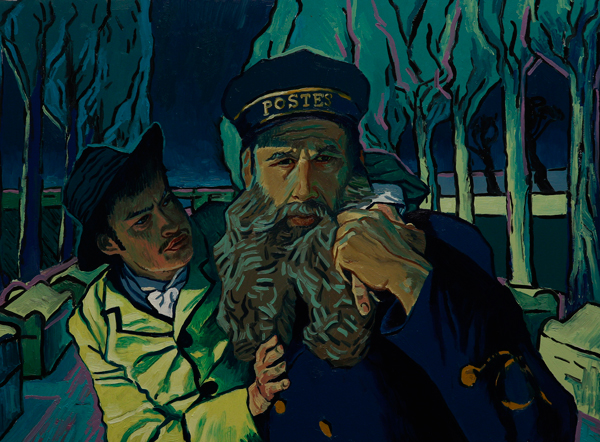 郵便配達人の父ジョゼフ・ルーラン(クリス・オダウド)と息子の青年アルマン・ルーラン（ダグラス・ブース）、映画『ゴッホ 最期の手紙』より