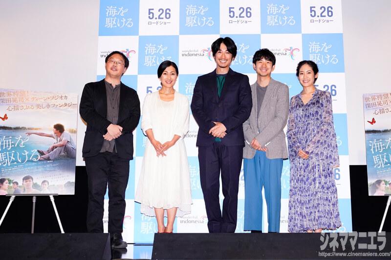 左から深田晃司監督、鶴田真由、ディーン・フジオカ、太賀、阿部純子