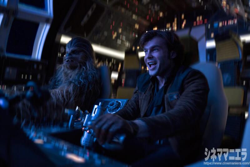 ミレニアム・ファルコン号を操縦するハン・ソロとチューバッカ